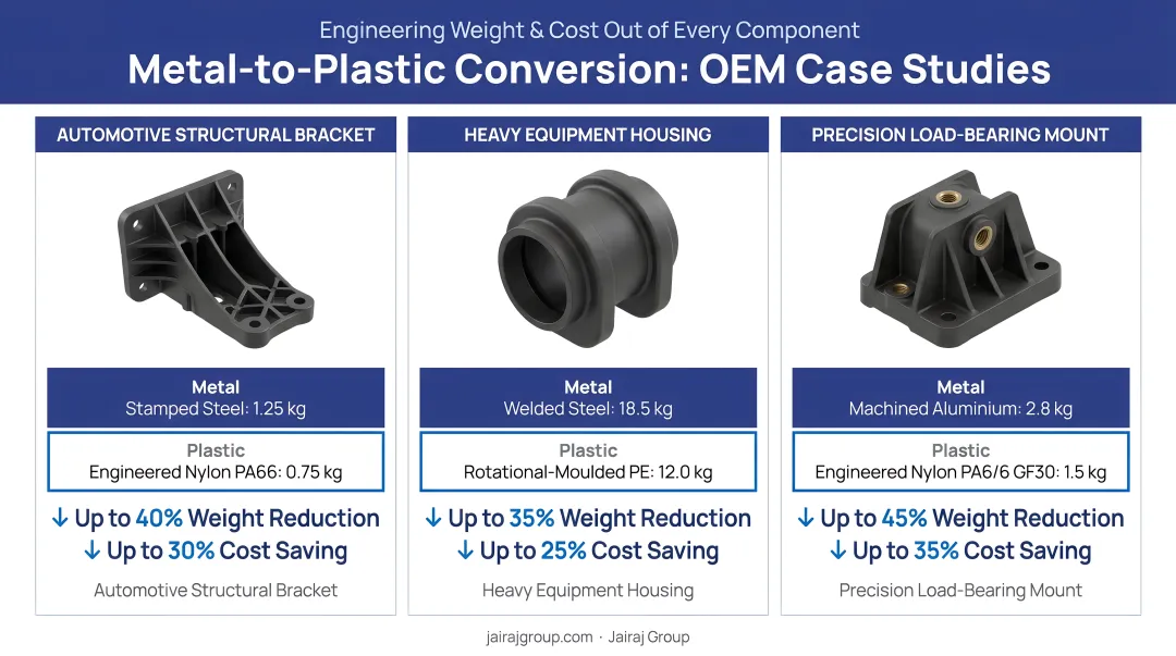Three OEM metal-to-plastic conversion examples with weight and cost savings
