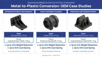 Three OEM metal-to-plastic conversion examples with weight and cost savings