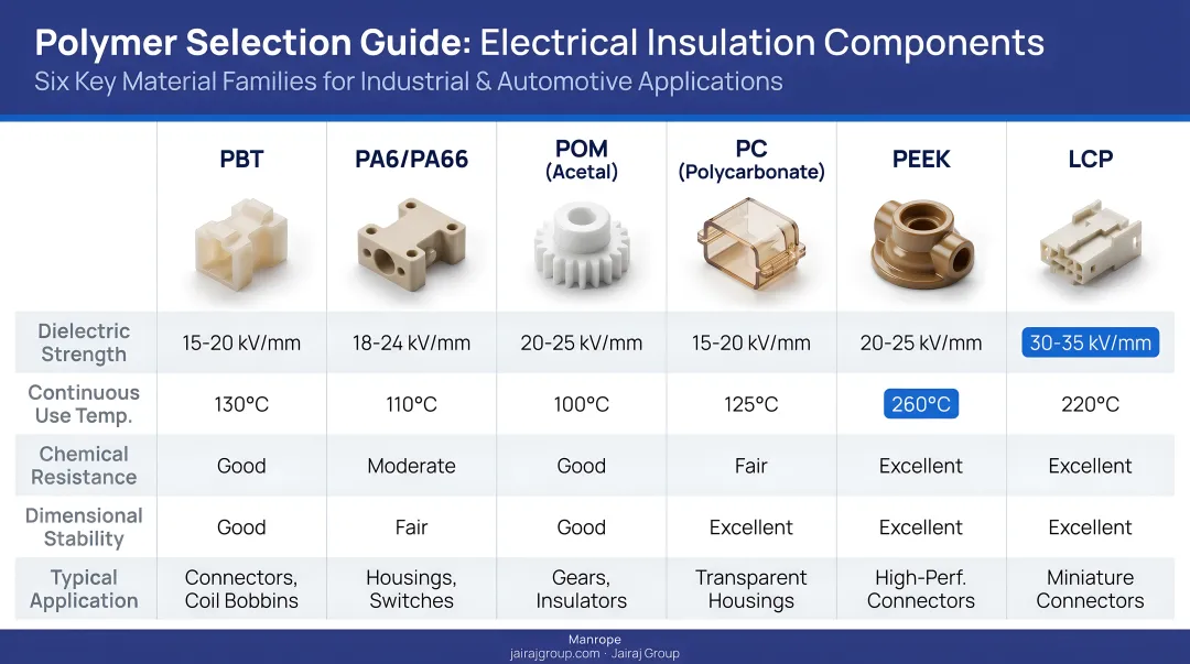 Six key polymer families for electrical insulation parts comparison chart