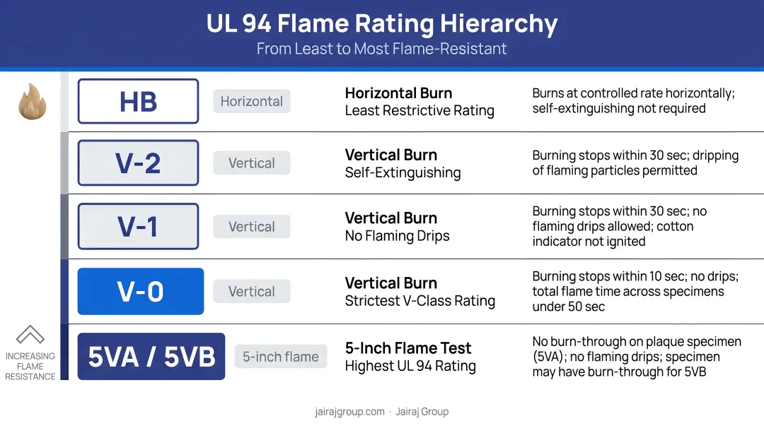 UL 94 flame rating hierarchy from HB to 5VA with test orientation and requirements