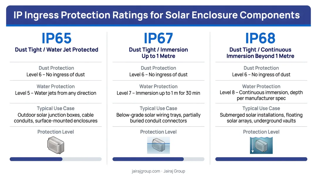 IP65 IP67 IP68 ingress protection ratings comparison for solar enclosure components