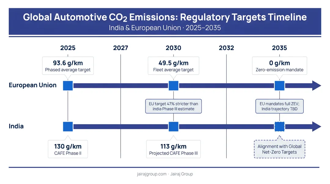 Global automotive CO2 emissions regulatory targets timeline India EU 2025 to 2035