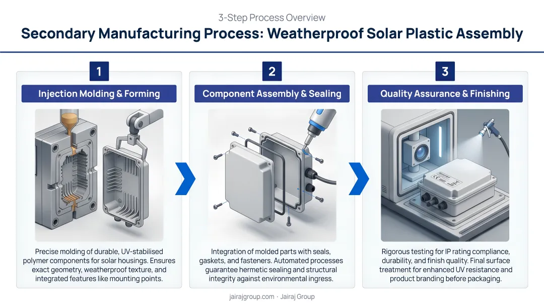 Three-step secondary manufacturing process for weatherproof solar plastic assembly infographic