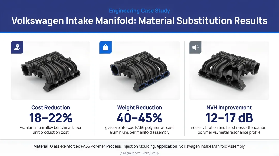 Volkswagen intake manifold material substitution results showing cost weight and NVH improvements