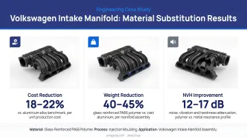 Volkswagen intake manifold material substitution results showing cost weight and NVH improvements