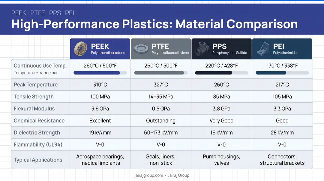 PEEK PTFE PPS PEI high-performance plastics comparison chart by temperature and properties