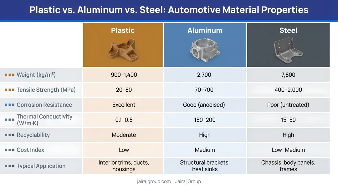 Plastic versus aluminum versus steel automotive material properties comparison infographic