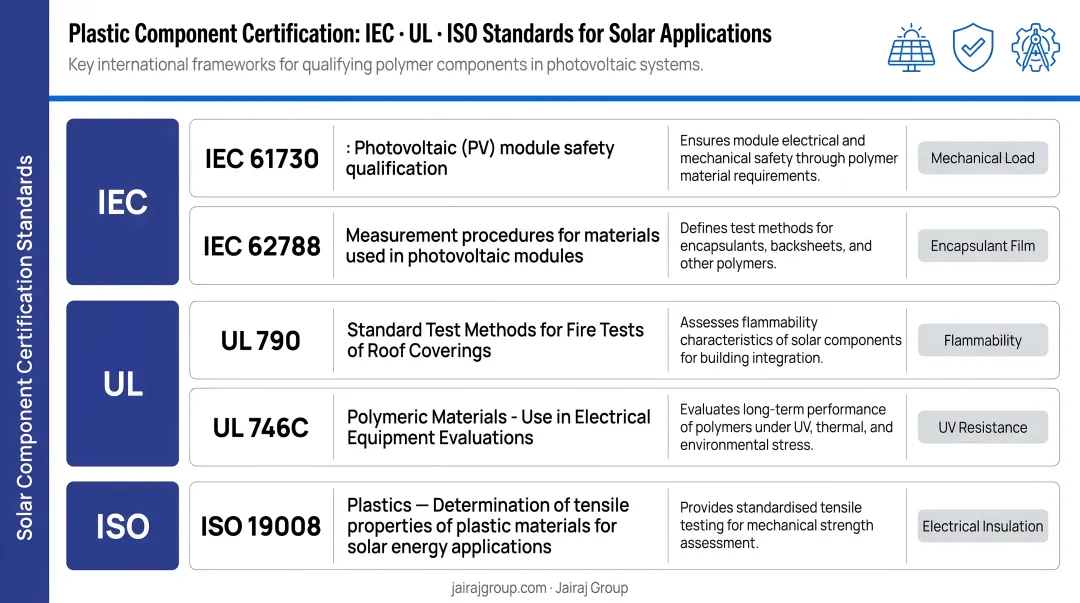 Solar plastic component certification standards reference chart IEC UL ISO framework