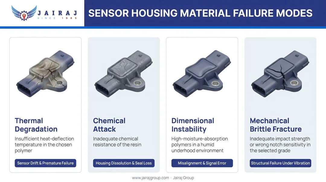 Four automotive sensor housing failure modes from wrong material selection infographic