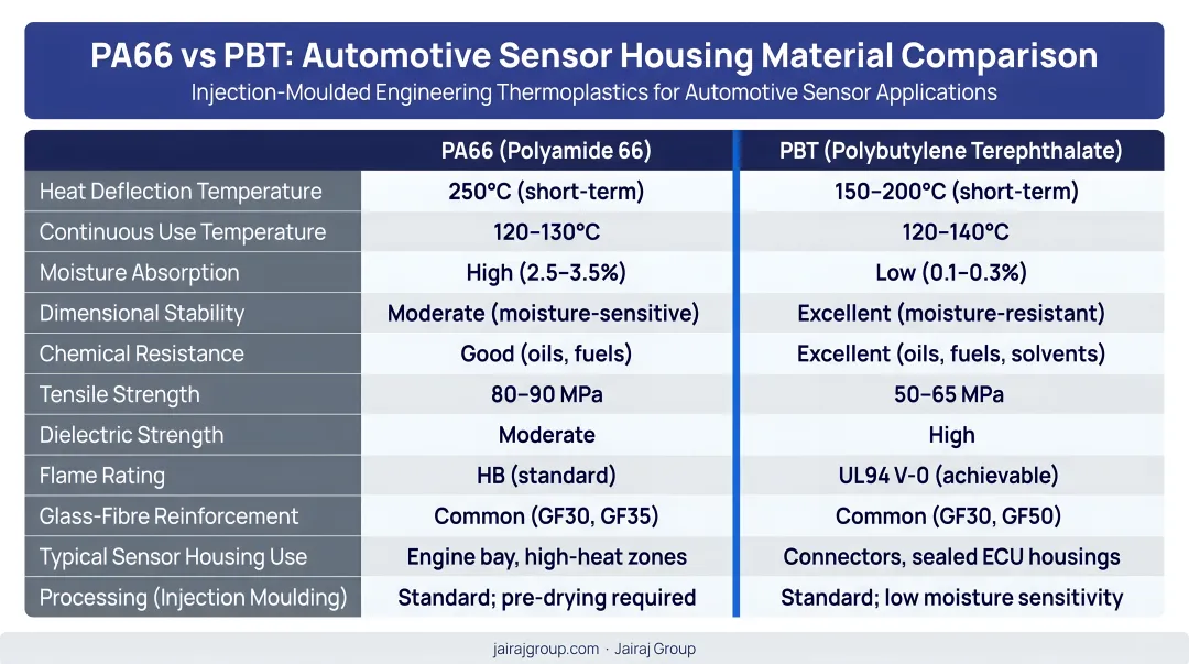 PA66 versus PBT automotive sensor housing material properties side-by-side comparison
