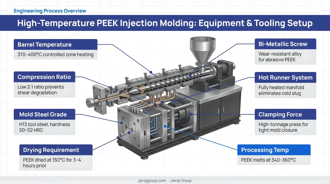 Jairaj Group high-temperature PEEK injection molding equipment and tooling setup