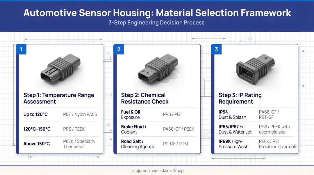 Three-step automotive sensor housing material selection framework temperature chemical IP rating