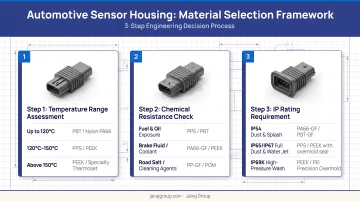 Three-step automotive sensor housing material selection framework temperature chemical IP rating