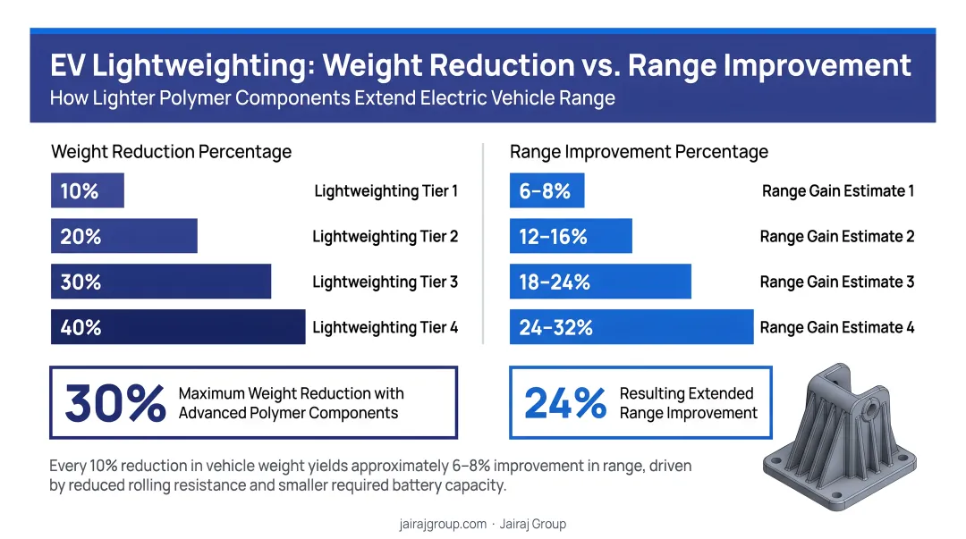 EV lightweighting impact showing weight reduction percentage versus range improvement