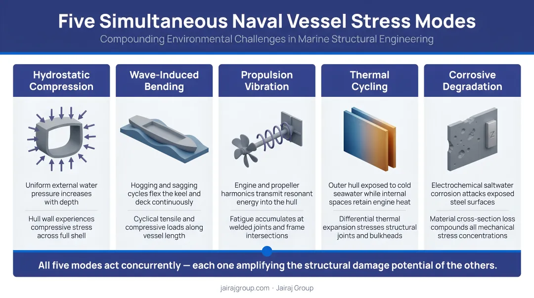 Five simultaneous naval vessel stress modes compound environmental challenge infographic
