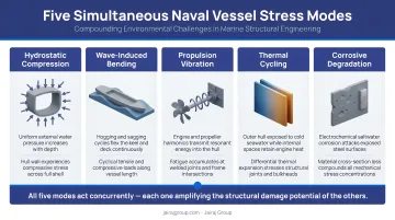 Five simultaneous naval vessel stress modes compound environmental challenge infographic