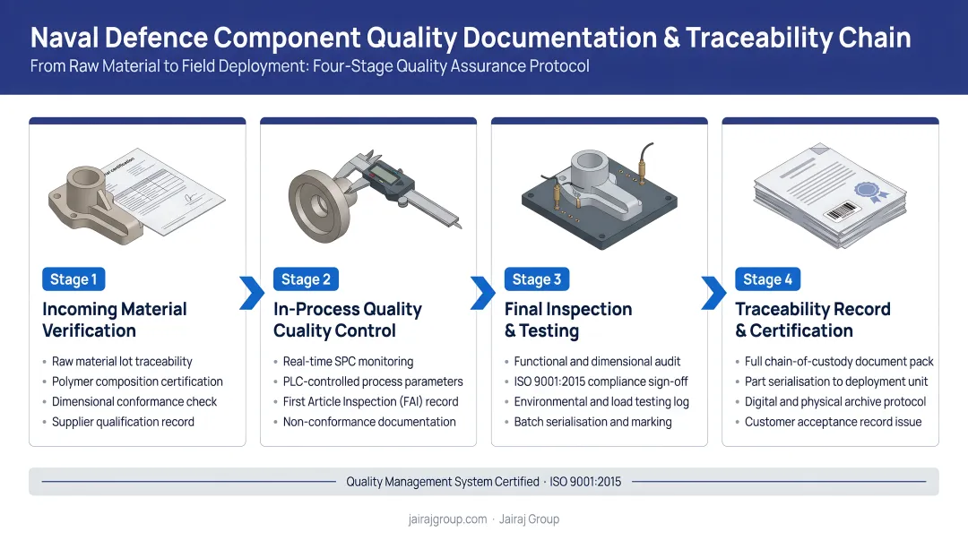 Four-stage naval defence component quality documentation and traceability chain infographic