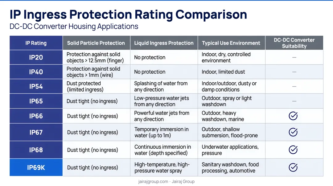 IP ingress protection rating comparison table for DC-DC converter housing applications