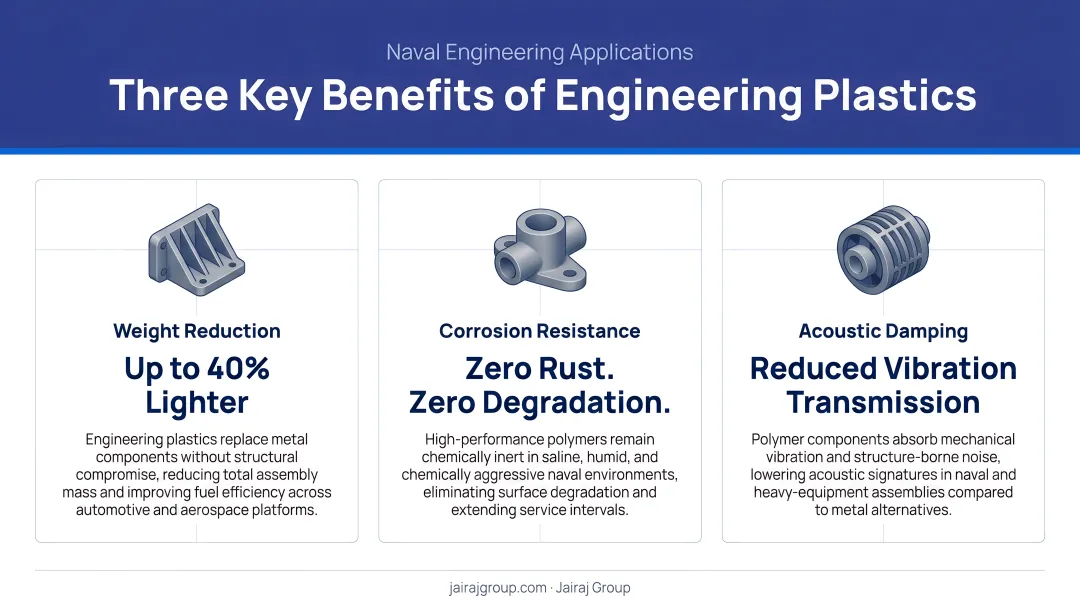 Three key benefits of naval engineering plastics weight corrosion acoustics comparison infographic