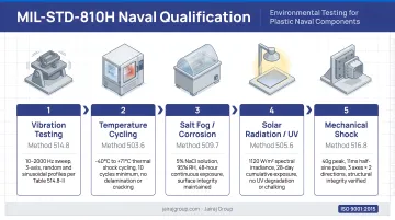 Five naval plastic component environmental qualification tests MIL-STD-810H compliance process infographic