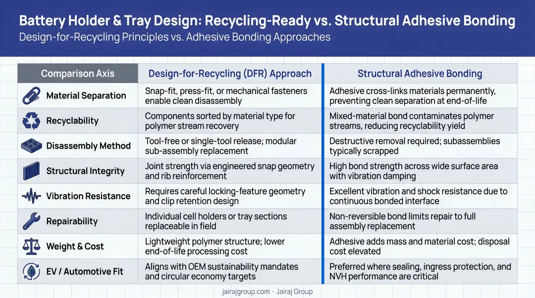 Battery holder and tray design-for-recycling principles versus structural adhesive bonding comparison