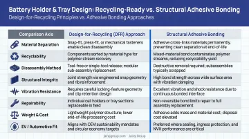 Battery holder and tray design-for-recycling principles versus structural adhesive bonding comparison