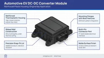 Automotive EV DC-DC converter module with reinforced plastic housing in engine bay