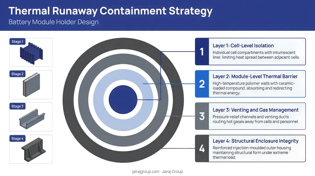 Four-layer thermal runaway containment strategy for battery module holder design