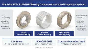 Precision PEEK and UHMWPE plastic bearing components manufactured for naval propulsion systems