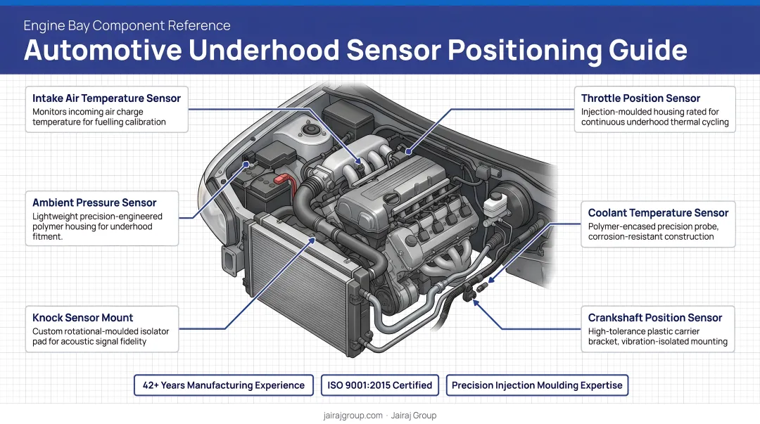 Automotive underhood environment showing sensor positions near engine bay components