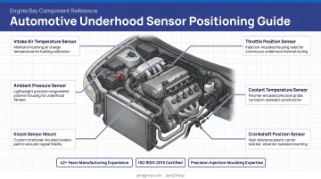 Automotive underhood environment showing sensor positions near engine bay components