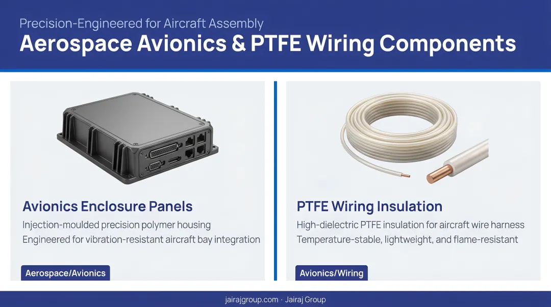 Aerospace avionics enclosure panels and PTFE wiring insulation components in aircraft assembly