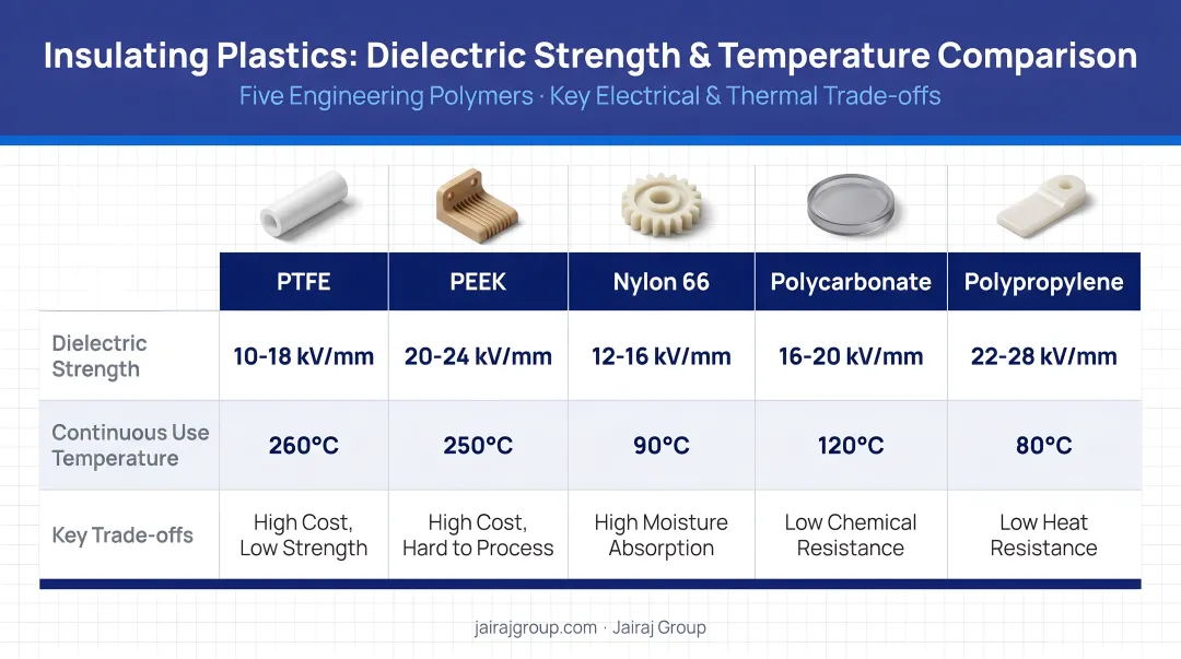 Five insulating plastics comparison matrix showing dielectric strength temperature and trade-offs