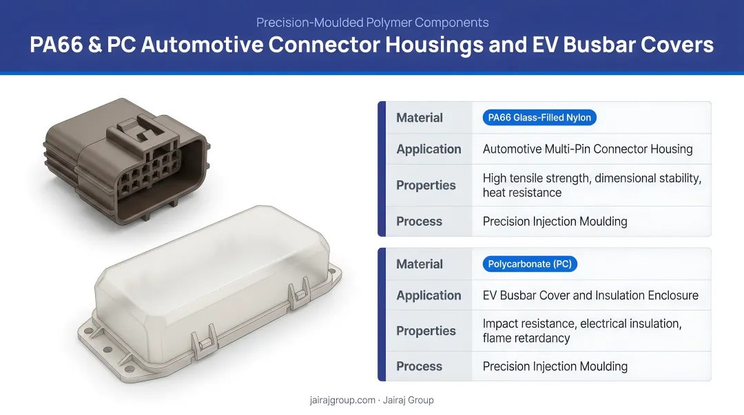 Precision-moulded PA66 and PC automotive connector housings and EV busbar covers