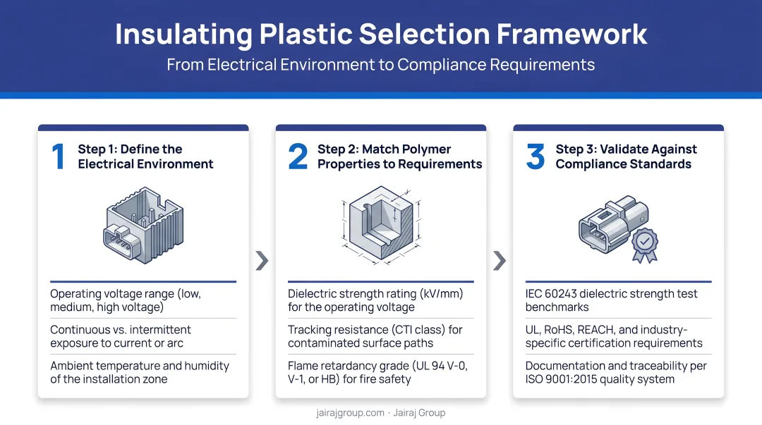 3-step insulating plastic selection framework from electrical environment to compliance requirements