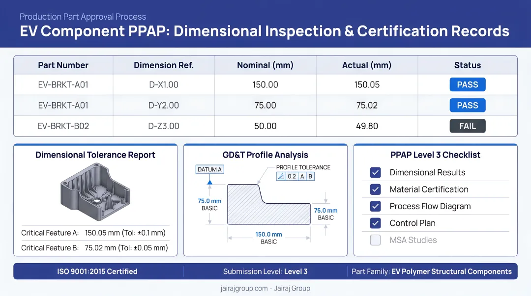 EV component quality documentation PPAP dimensional inspection and certification records
