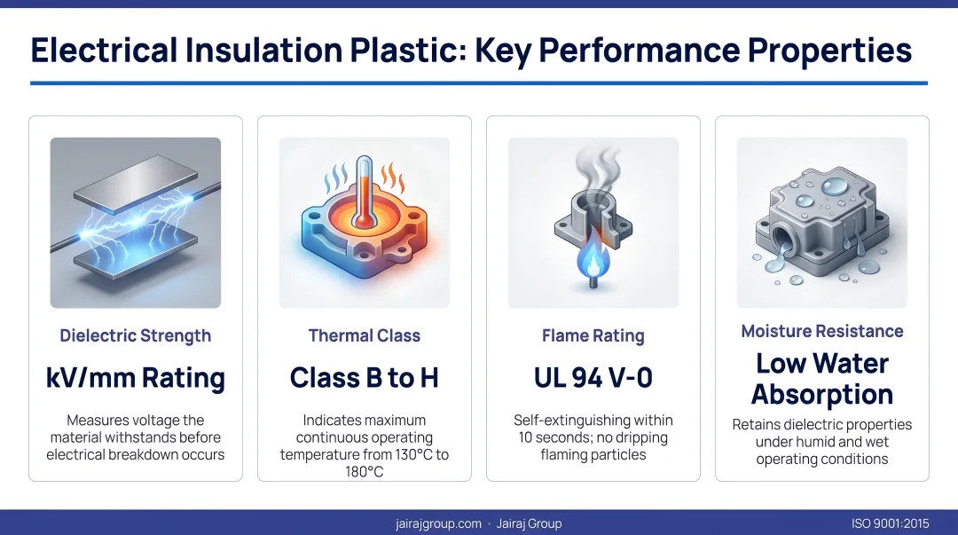 Four key electrical insulation plastic properties dielectric strength thermal class flame rating moisture