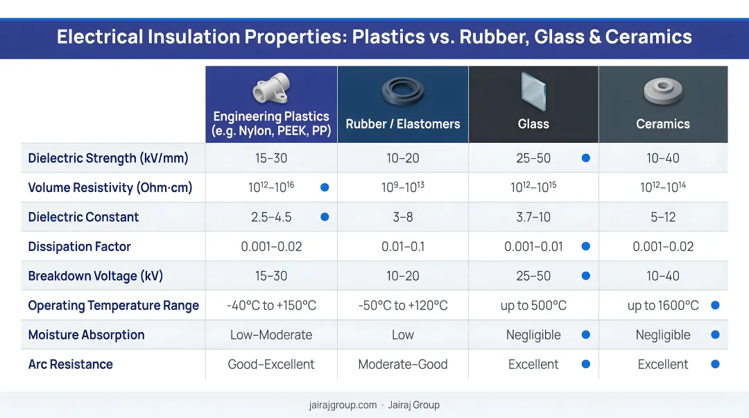 Plastics versus rubber glass and ceramics electrical insulation properties comparison chart