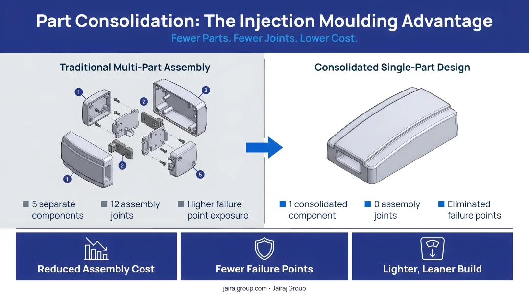 Injection moulding part consolidation benefits reducing assembly joints failure points and costs