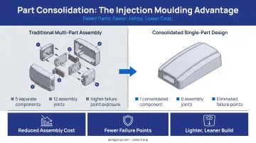 Injection moulding part consolidation benefits reducing assembly joints failure points and costs