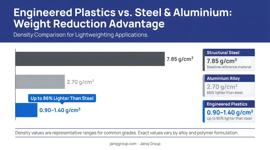 Engineered plastics versus steel and aluminium density comparison weight reduction infographic