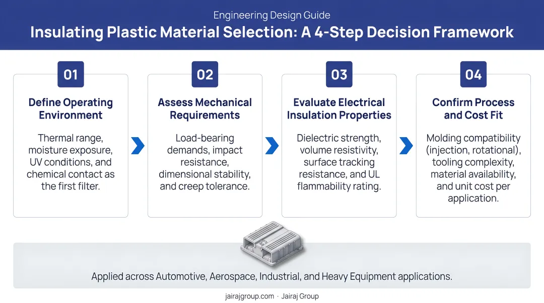 Four-step insulating plastic material selection decision framework process flow diagram