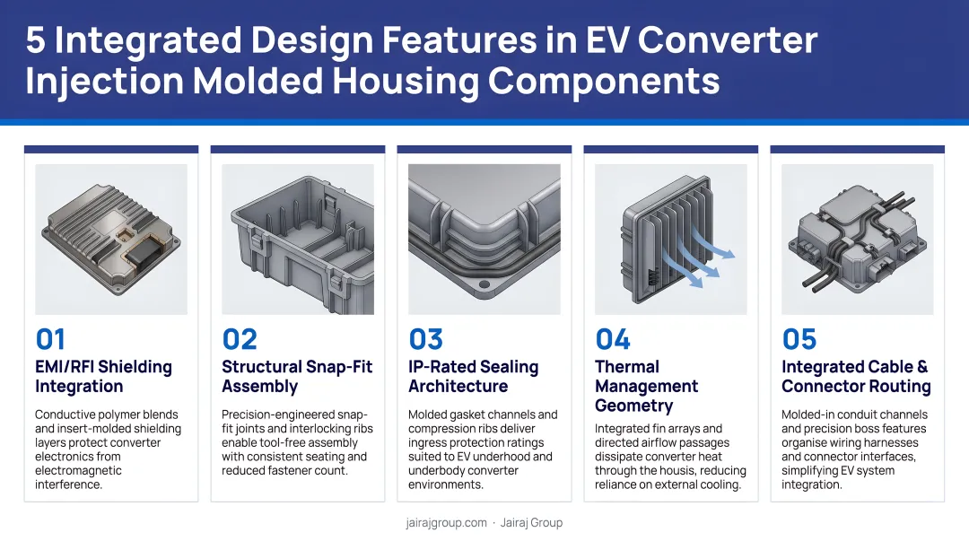 Five integrated design features in EV converter injection molded housing components