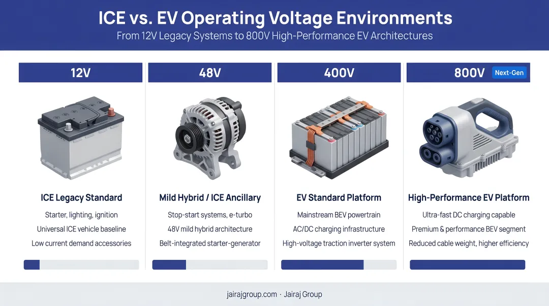 ICE versus EV voltage comparison 12V 48V 400V 800V operating environments