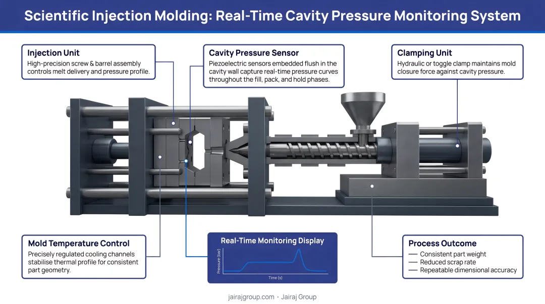 Scientific injection molding machine with real-time cavity pressure monitoring system