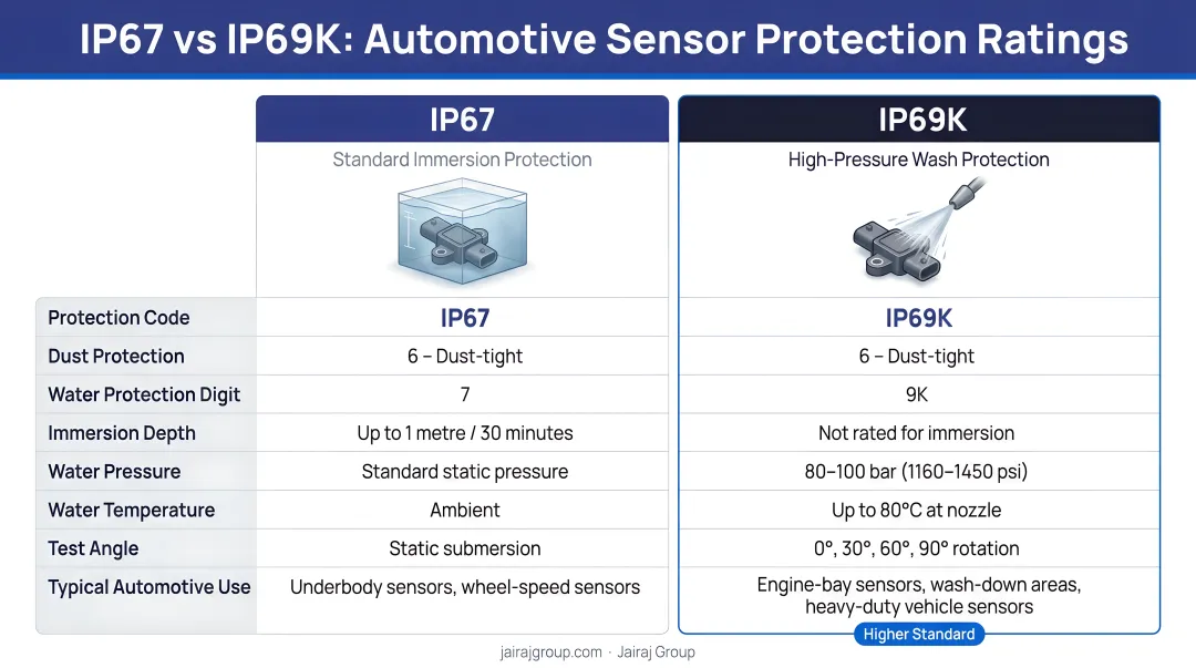 IP67 versus IP69K automotive sensor protection rating side-by-side comparison infographic