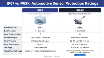 IP67 versus IP69K automotive sensor protection rating side-by-side comparison infographic