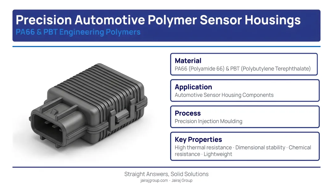 Precision automotive polymer sensor housing components manufactured using PA66 and PBT materials
