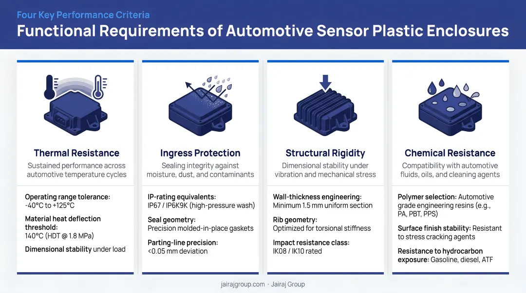 Four functional requirements of automotive sensor plastic enclosures comparison chart