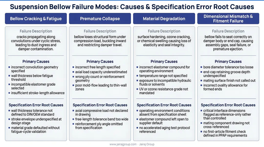 Four suspension bellow failure modes causes and specification error root causes diagram
